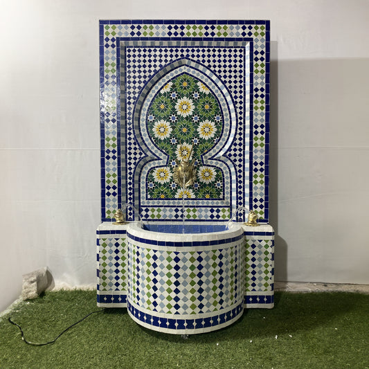 Moroccan Zellige Fountain – Triple Brass Tap Elegance