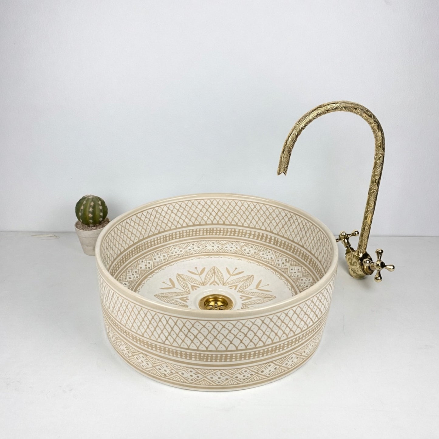Moroccan Handcrafted round ceramic vessel sink Beige
