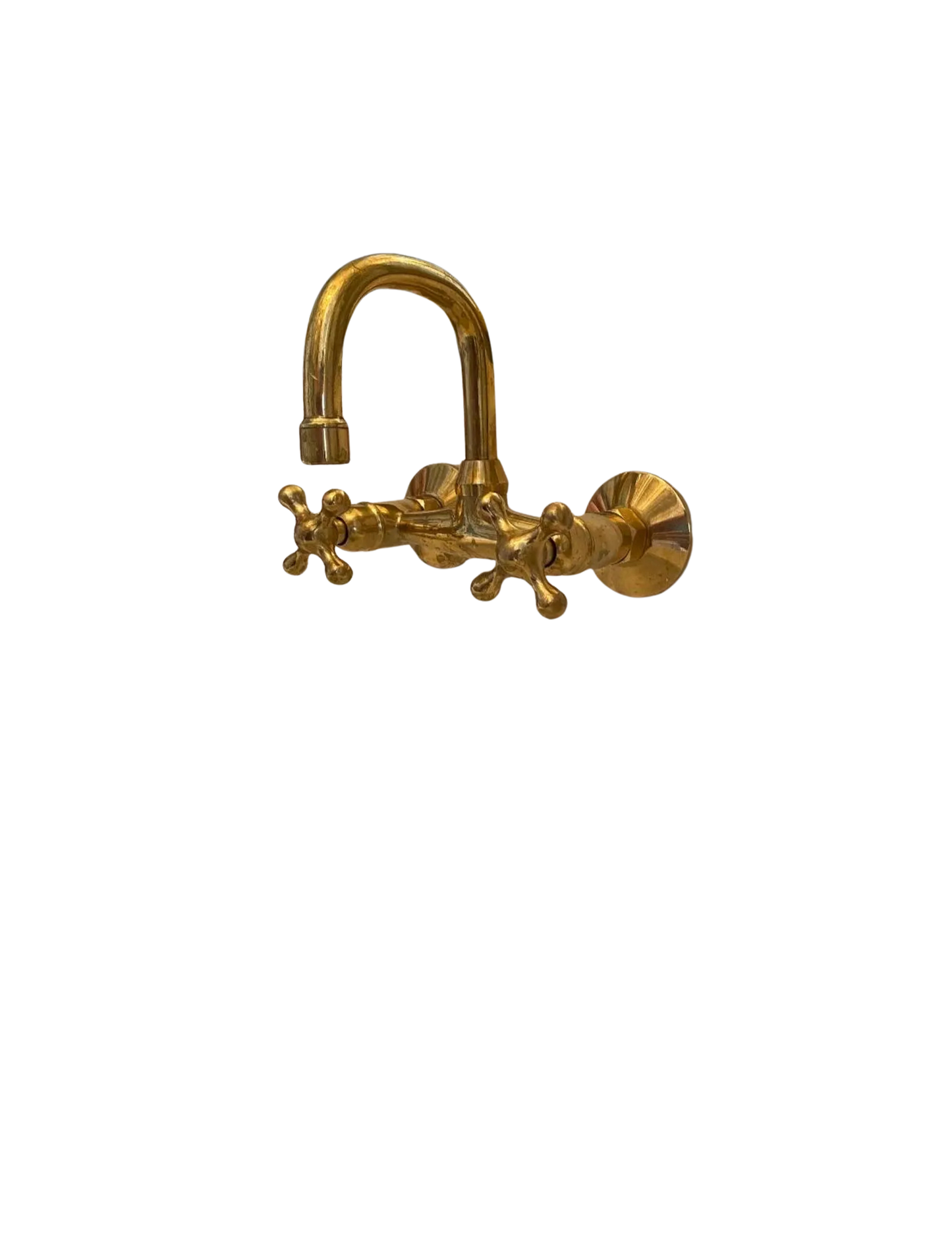Handcrafted Unlacquered Brass Wall Mount Faucet, Swivel Gooseneck, Two Handles