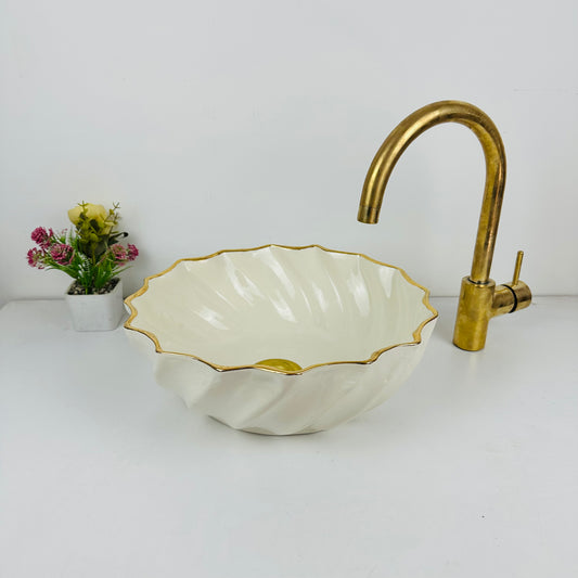 Golden Sands: Handcrafted Beige Ceramic Sink with Unique Design and Gold 14K