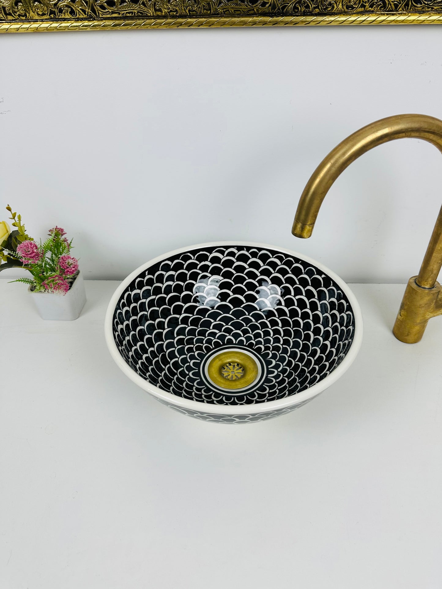 Black and white bathroom vessel sink - washbasin made from ceramic 100% handmade modern - ceramic basin decor built with mid century modern Flair