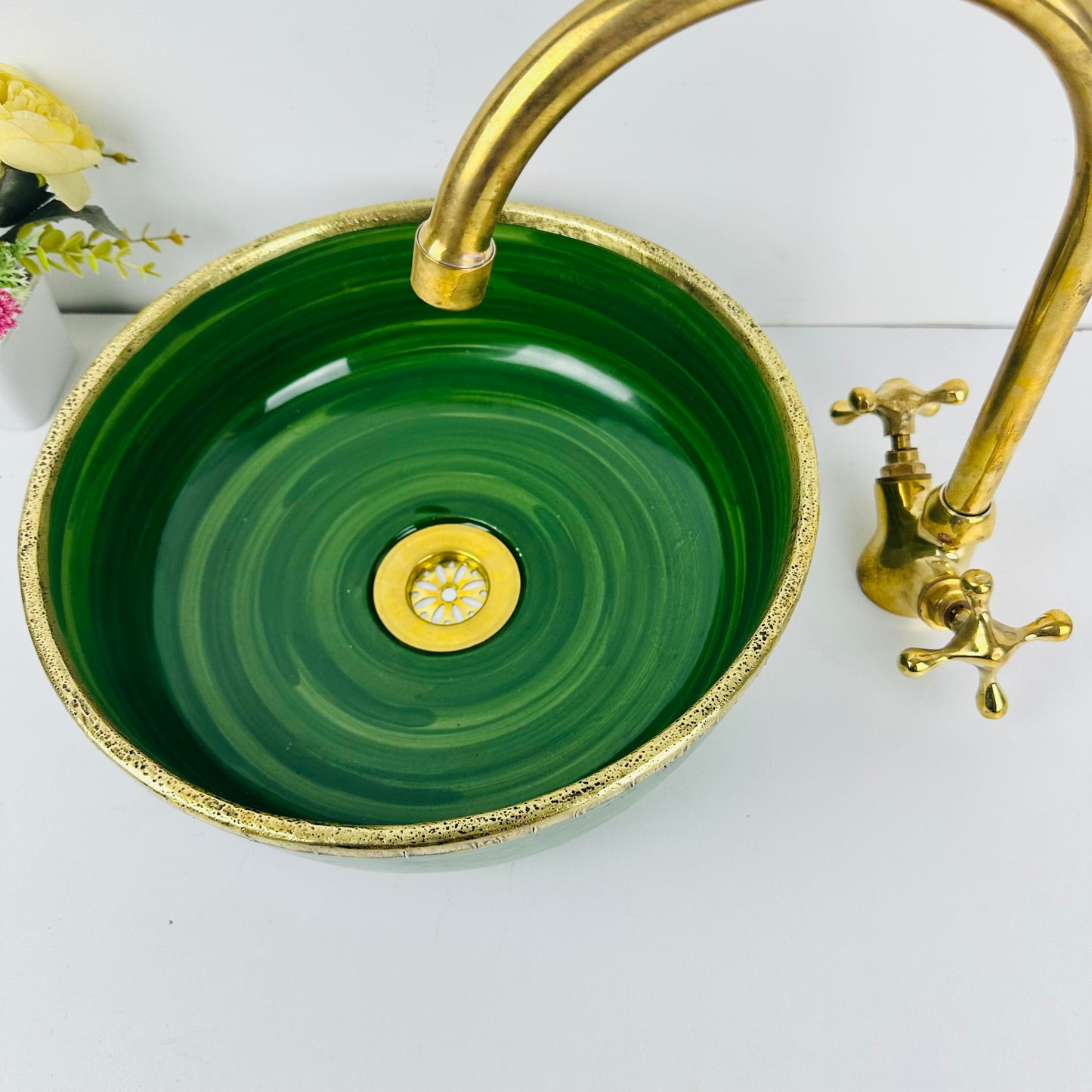 Emerald Opulence: Handcrafted Ceramic Sink with Brass Accents