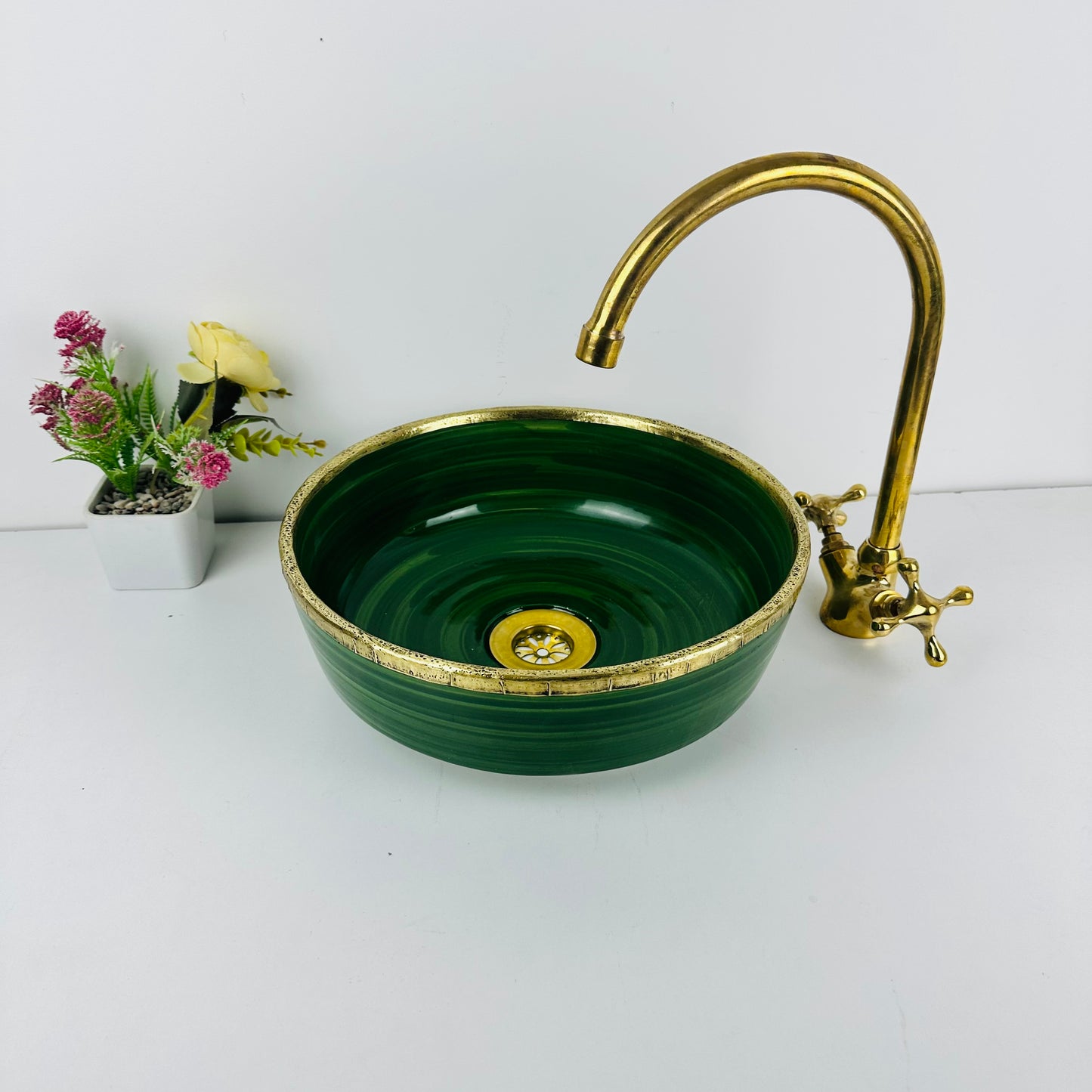 Emerald Opulence: Handcrafted Ceramic Sink with Brass Accents