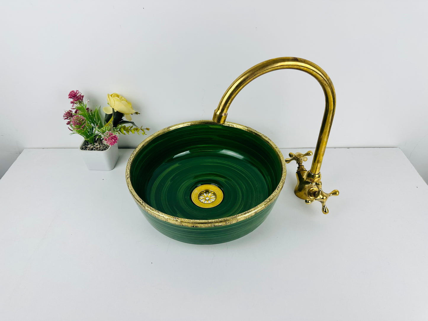 Emerald Opulence: Handcrafted Ceramic Sink with Brass Accents