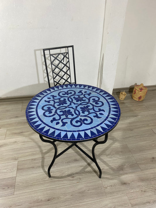 Handmade Moroccan Zellige Mosaic Table – Elegant Blue Floral Design