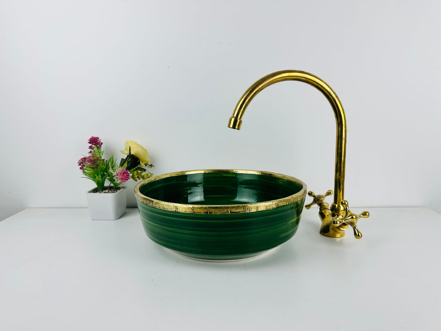 Emerald Opulence: Handcrafted Ceramic Sink with Brass Accents