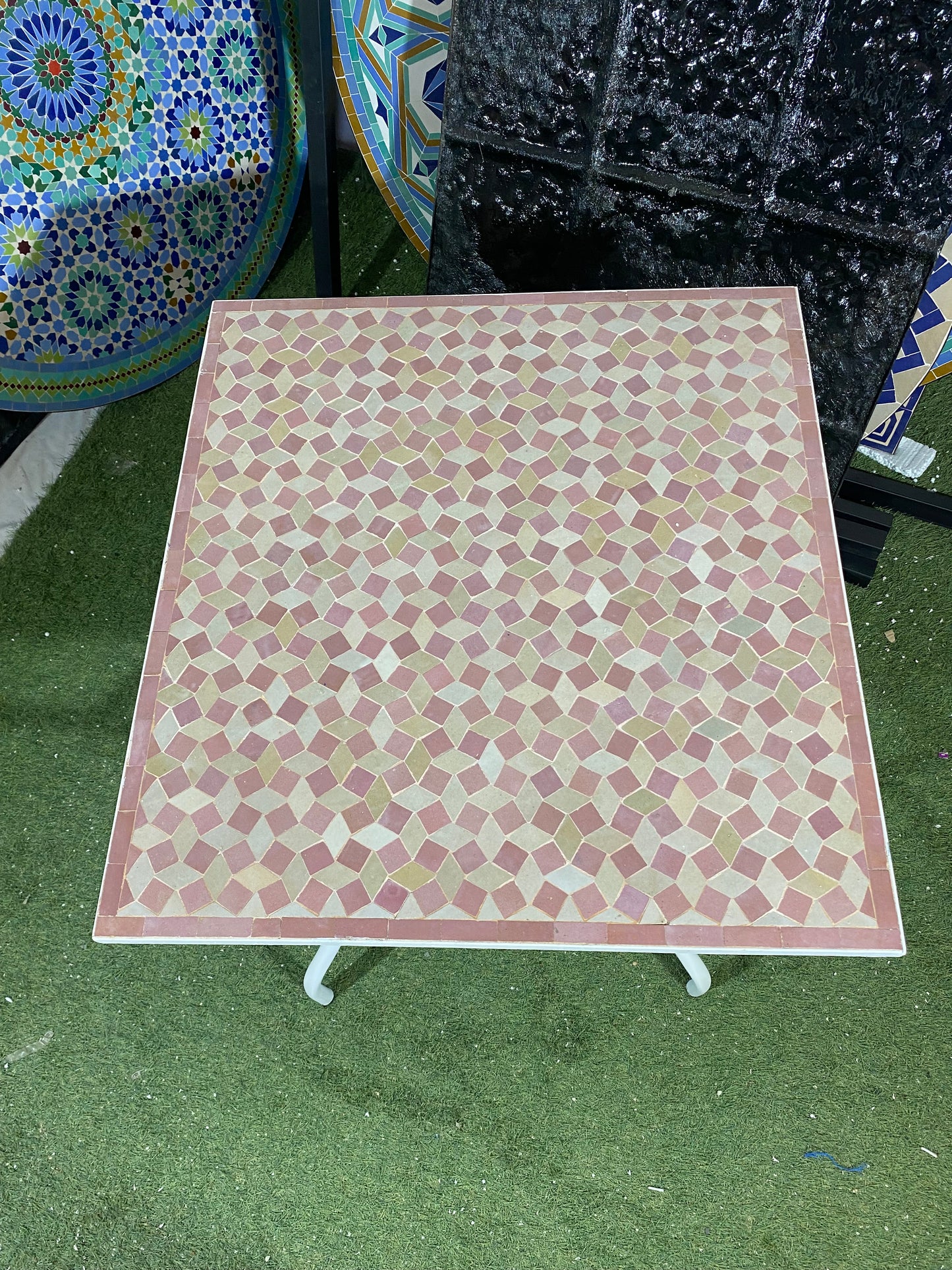 Handmade Moroccan Zellige Mosaic Table – Blush Geometric Illusion
