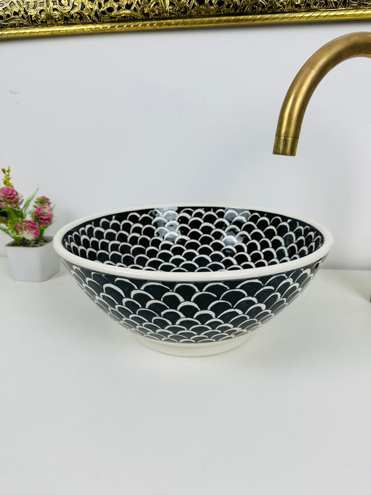 Black and white bathroom vessel sink - washbasin made from ceramic 100% handmade modern - ceramic basin decor built with mid century modern Flair