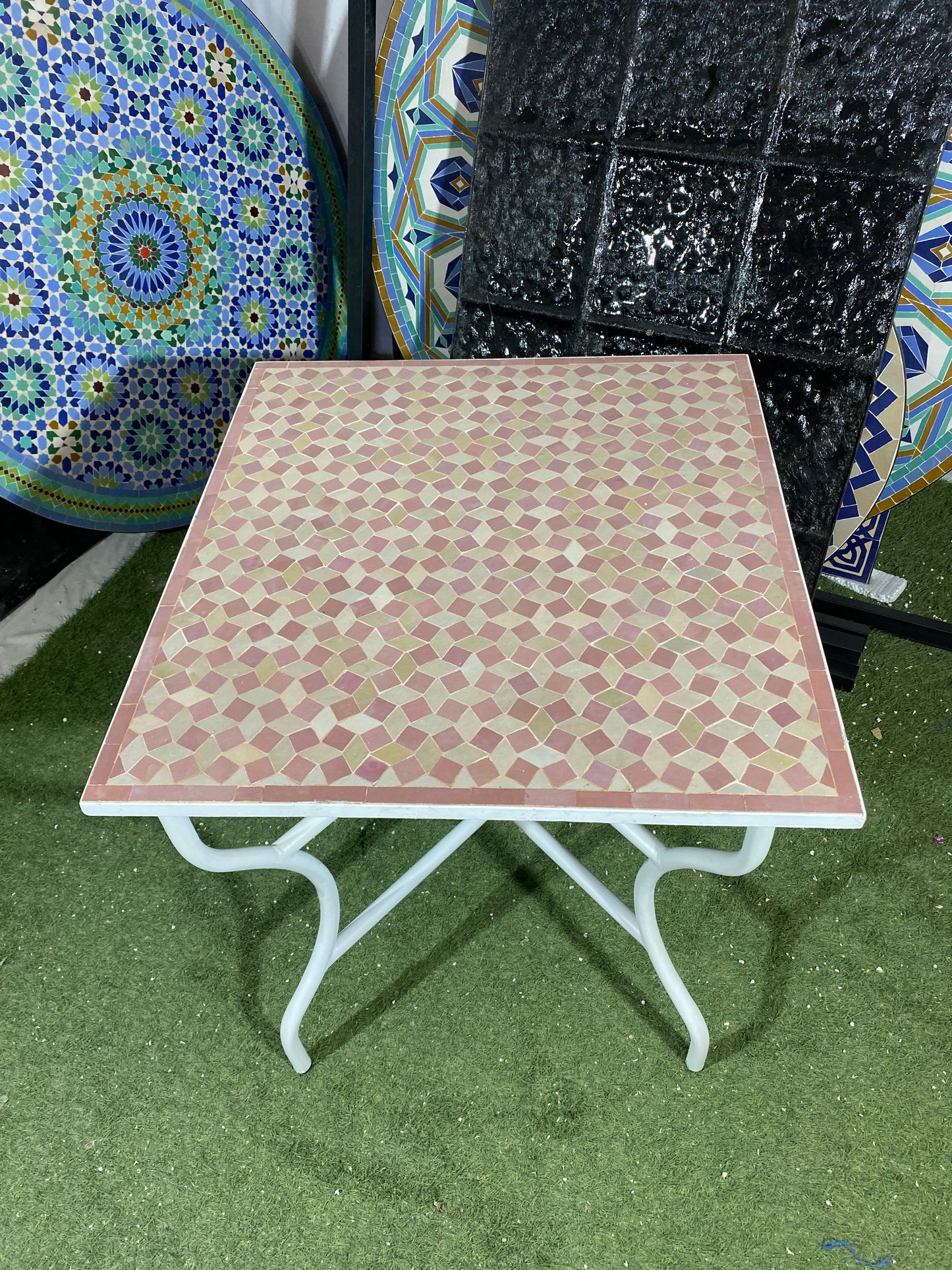Handmade Moroccan Zellige Mosaic Table – Blush Geometric Illusion