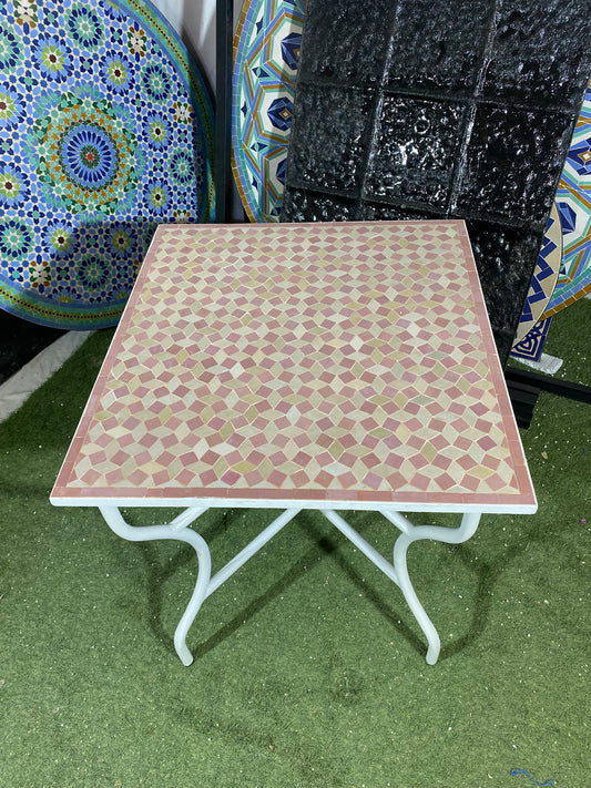 Handmade Moroccan Zellige Mosaic Table – Blush Geometric Illusion