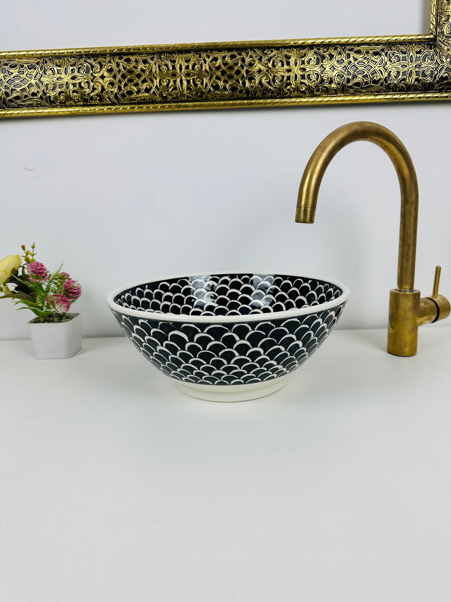 Black and white bathroom vessel sink - washbasin made from ceramic 100% handmade modern - ceramic basin decor built with mid century modern Flair