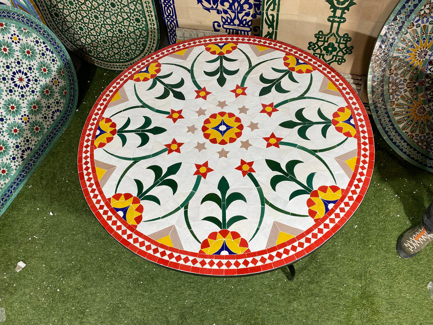 Handmade Moroccan Zellige Mosaic Table – Floral Elegance with Red & Gold Accents