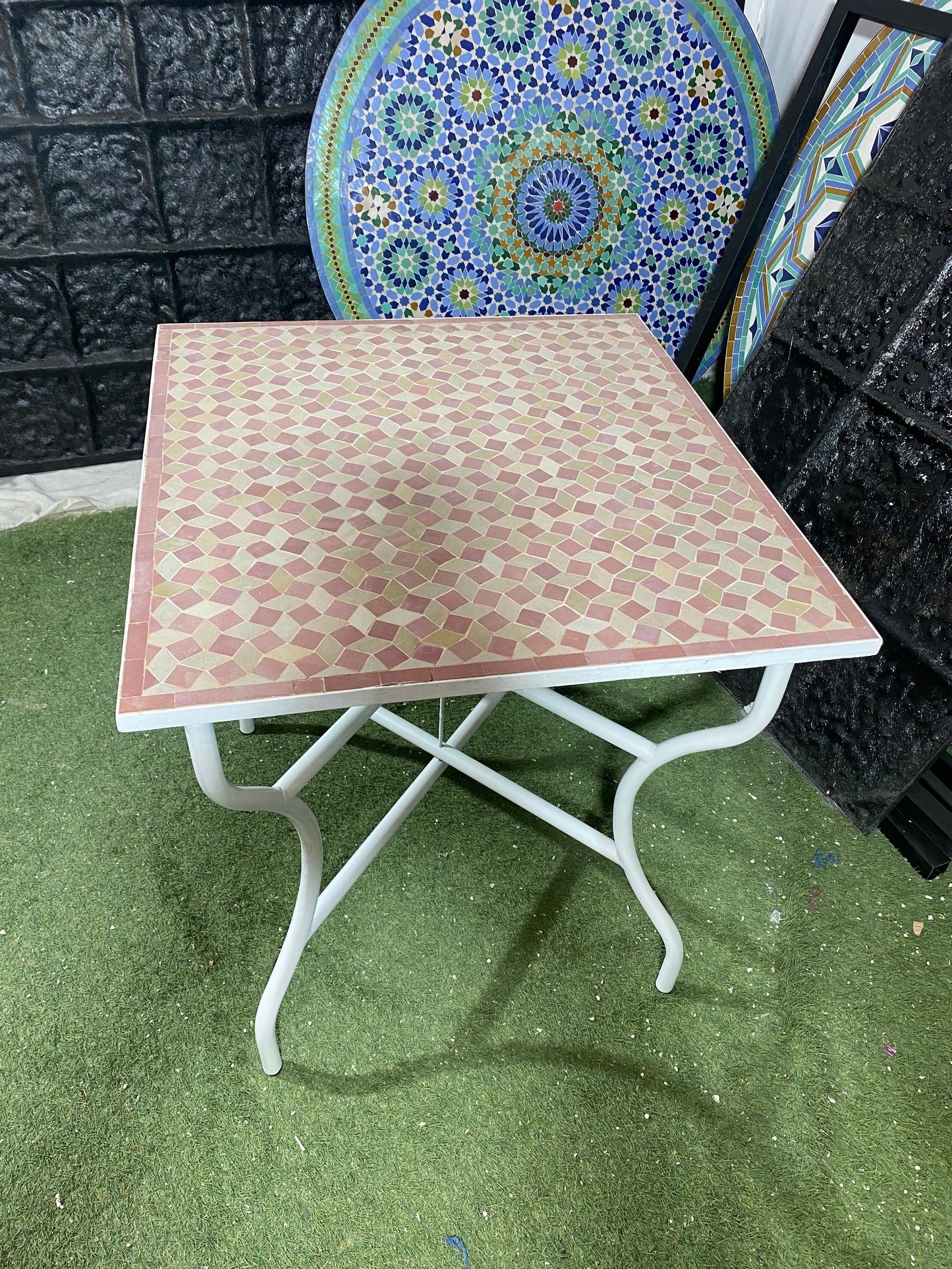 Handmade Moroccan Zellige Mosaic Table – Blush Geometric Illusion