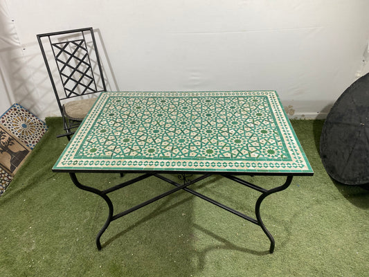 Handmade Moroccan Zellige Mosaic Table – Green & Beige Geometric Elegance