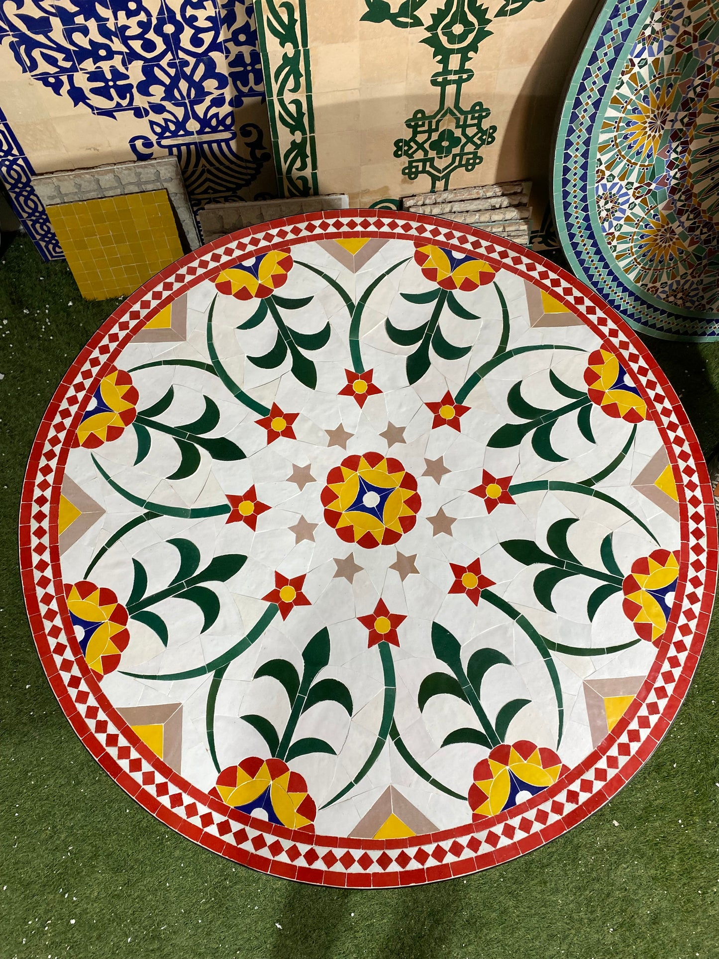Handmade Moroccan Zellige Mosaic Table – Floral Elegance with Red & Gold Accents