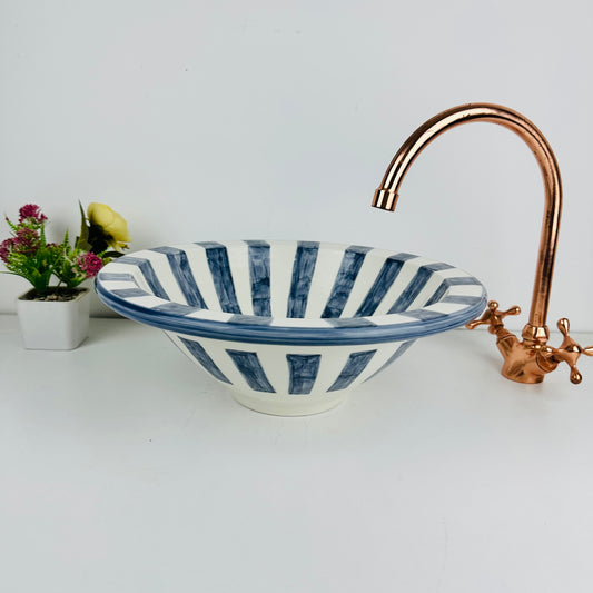 Blue Code: Handcrafted Ceramic Sink with Barcode-Inspired Design in Blue