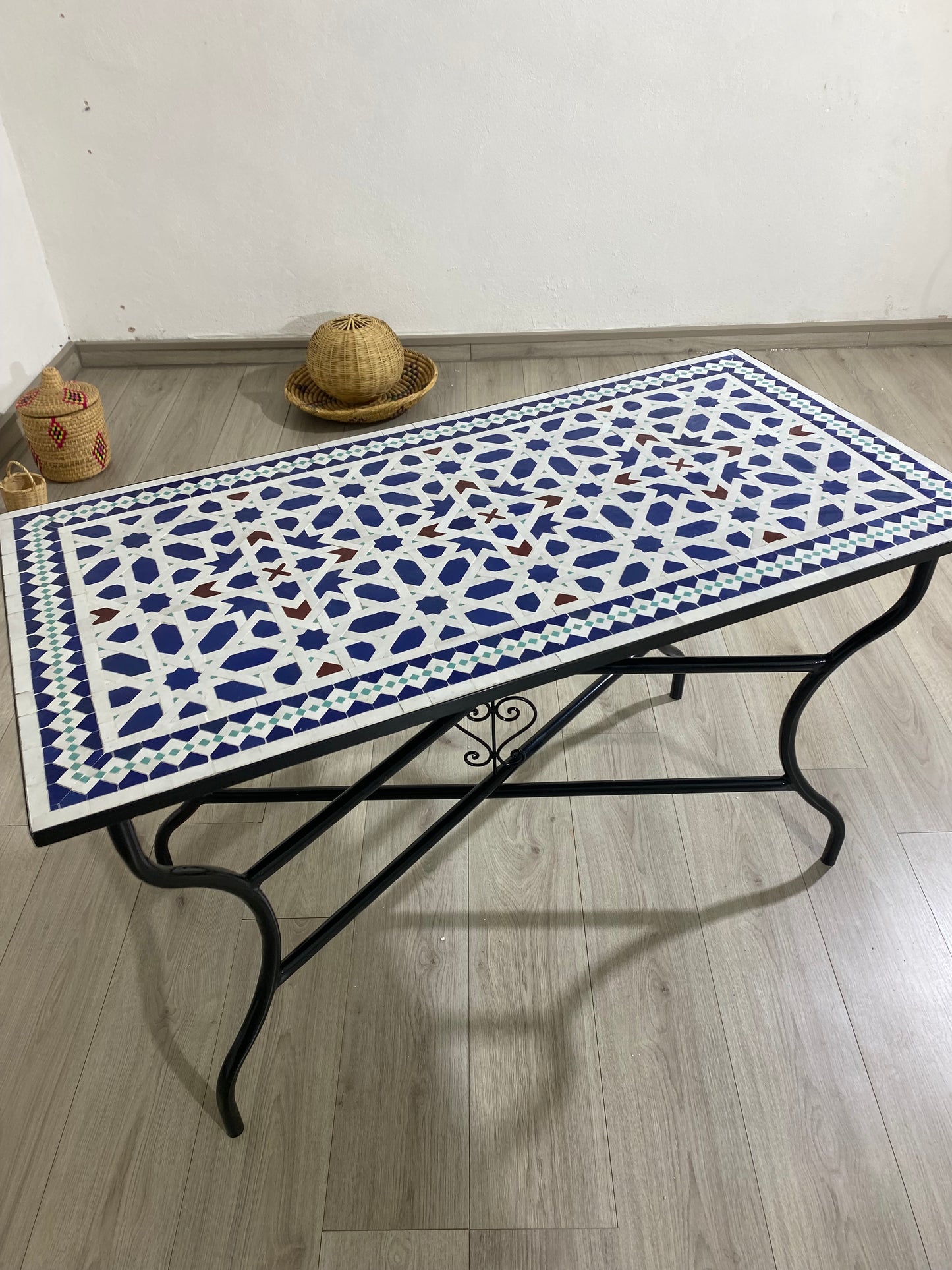 Handmade Moroccan Zellige Mosaic Table – Blue & White Geometric Elegance