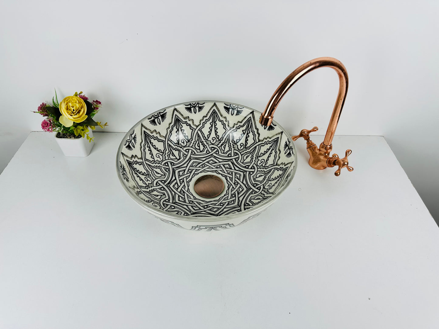 Moroccan Mist: Handcrafted Ceramic Sink with Gray Moroccan Design