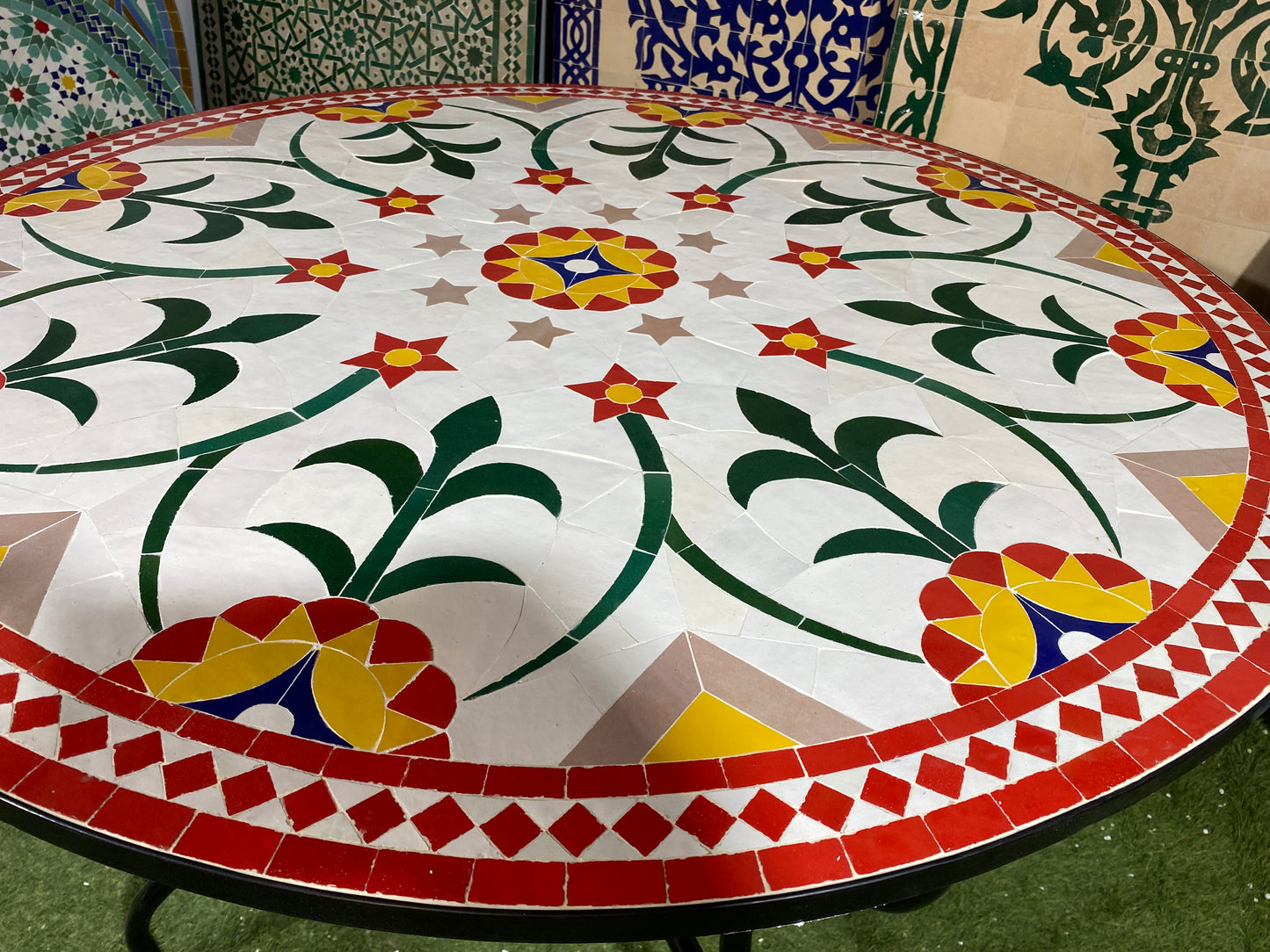 Handmade Moroccan Zellige Mosaic Table – Floral Elegance with Red & Gold Accents