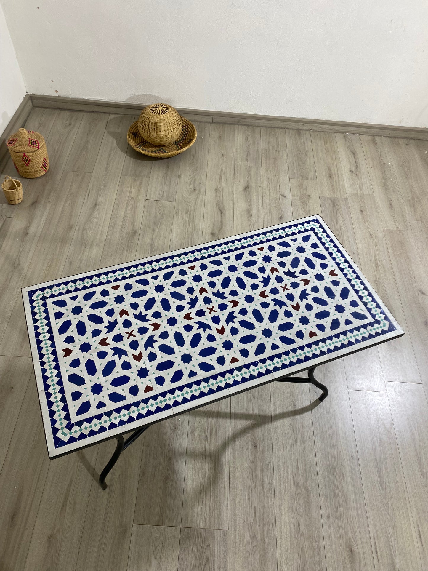 Handmade Moroccan Zellige Mosaic Table – Blue & White Geometric Elegance