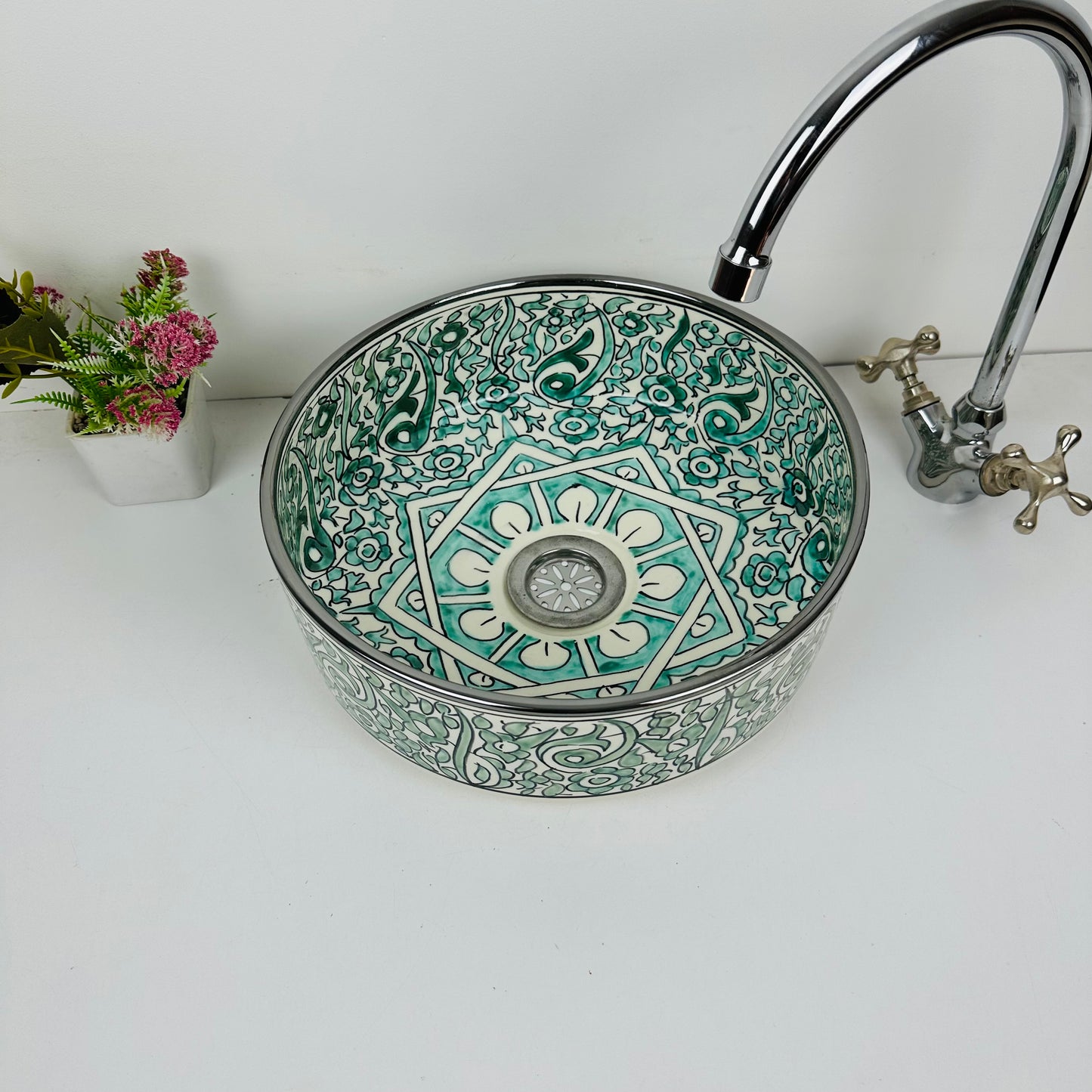 Cylinder Handcrafted Ceramic Sink - Turquoise Tranquility and Silver Platinum
