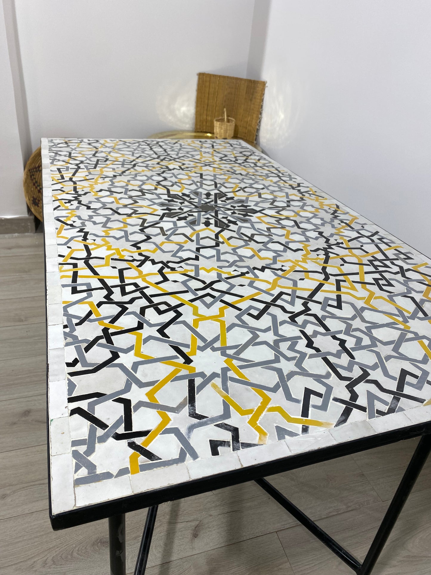 Handmade Moroccan Zellige Mosaic Table – Black, Yellow & White Modern Design