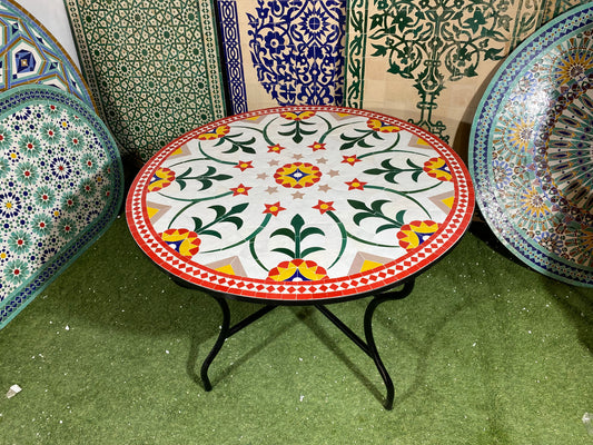 Handmade Moroccan Zellige Mosaic Table – Floral Elegance with Red & Gold Accents