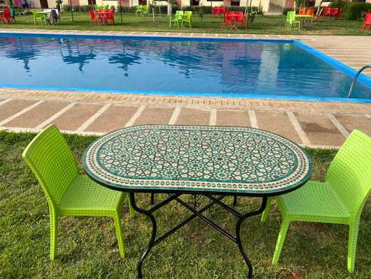Handmade Moroccan Zellige Mosaic Table – Emerald Green & Beige Elegance