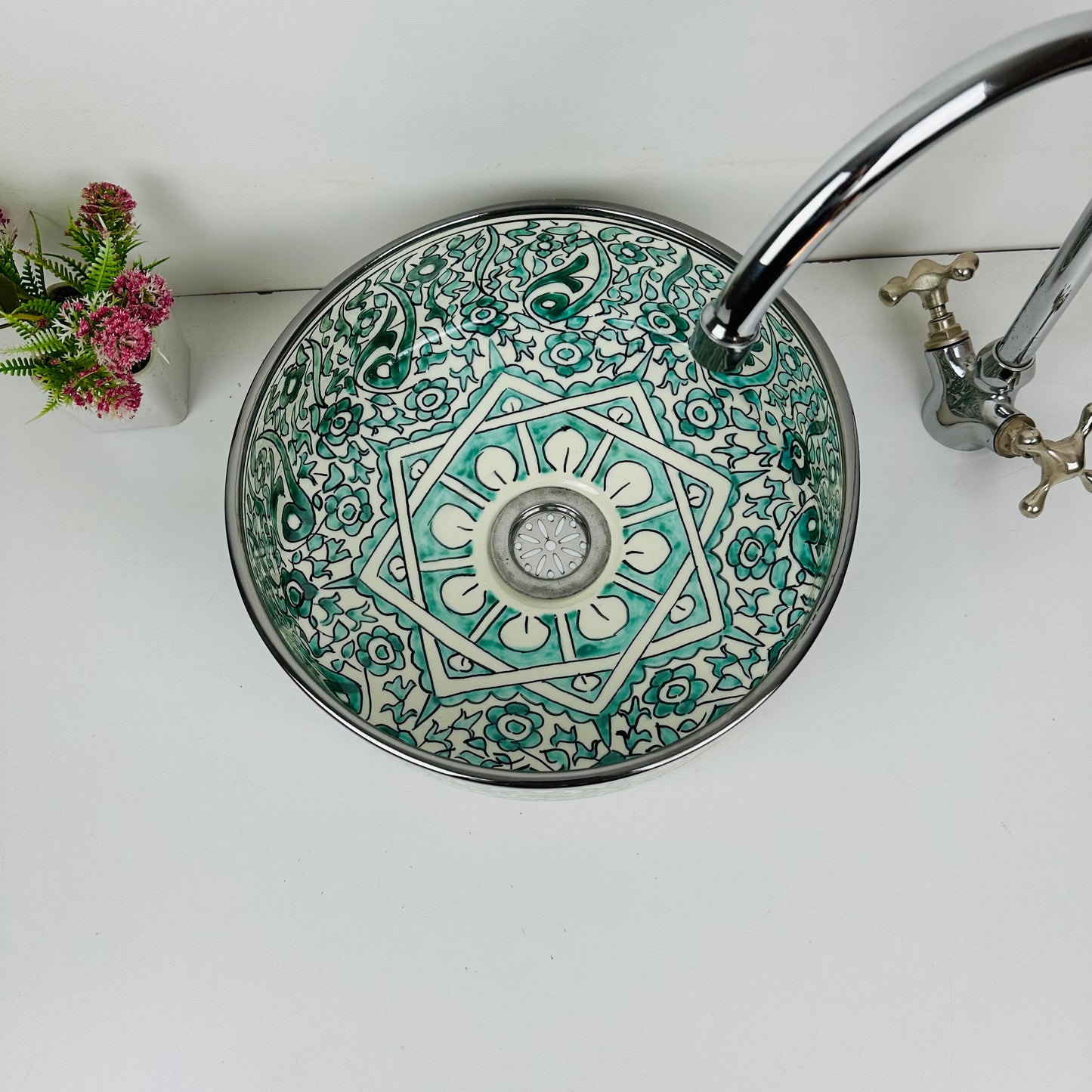 Cylinder Handcrafted Ceramic Sink - Turquoise Tranquility and Silver Platinum