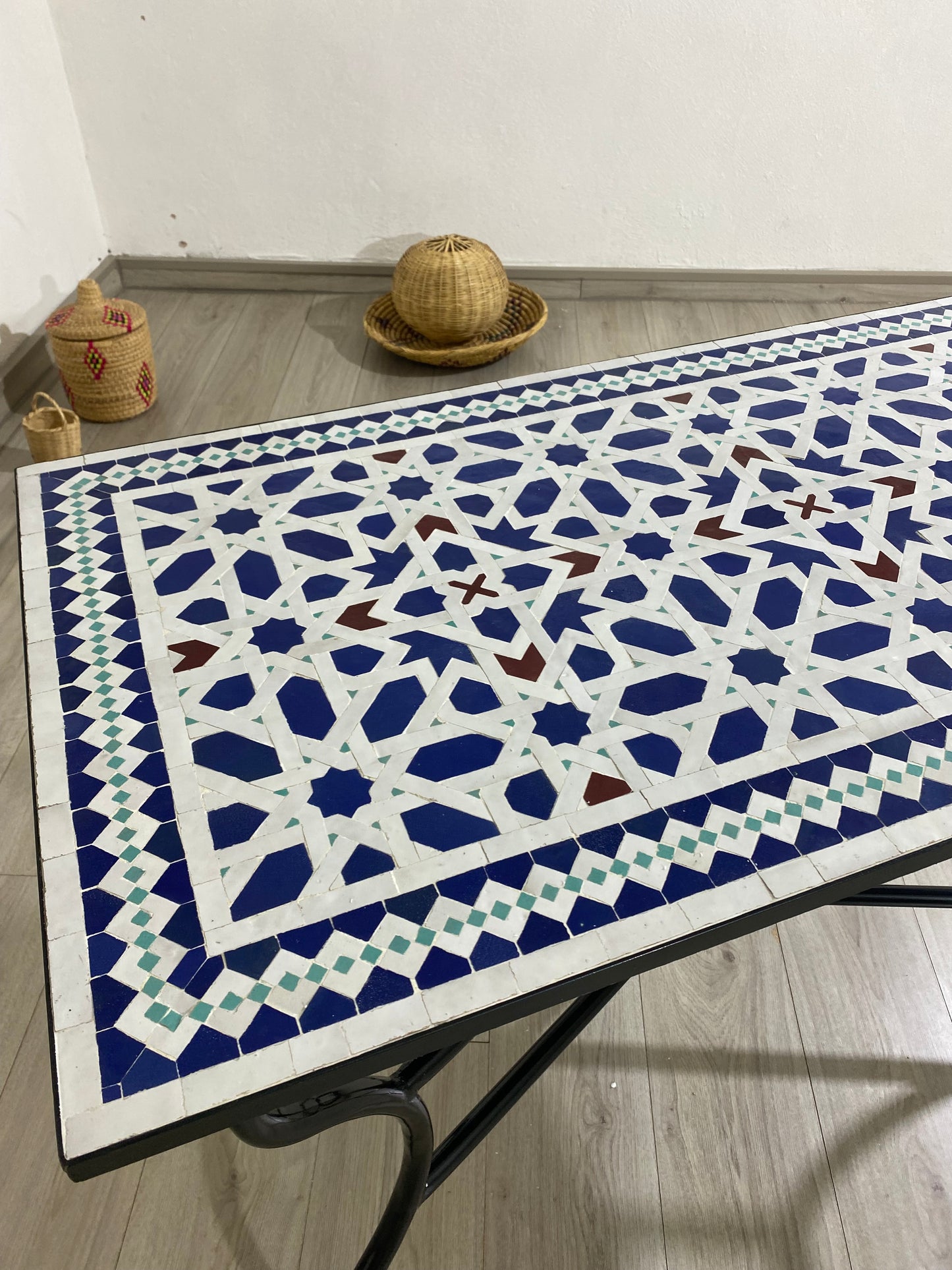 Handmade Moroccan Zellige Mosaic Table – Blue & White Geometric Elegance