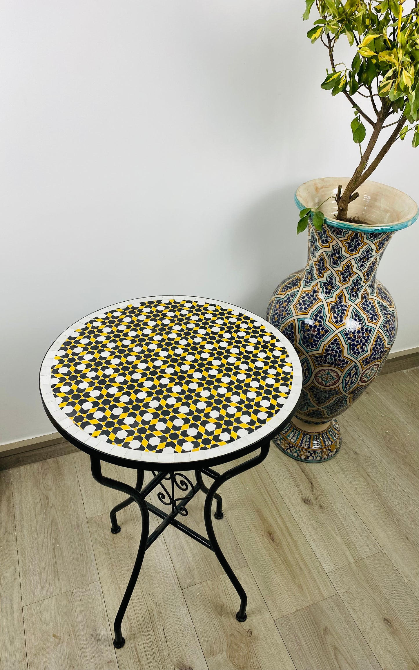 Handmade Moroccan Zellige Mosaic Side Table – Bold Black & Yellow Elegance