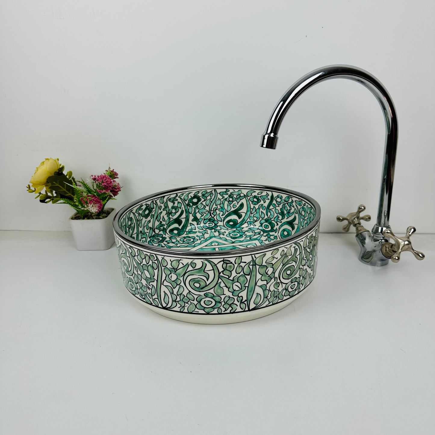 Cylinder Handcrafted Ceramic Sink - Turquoise Tranquility and Silver Platinum