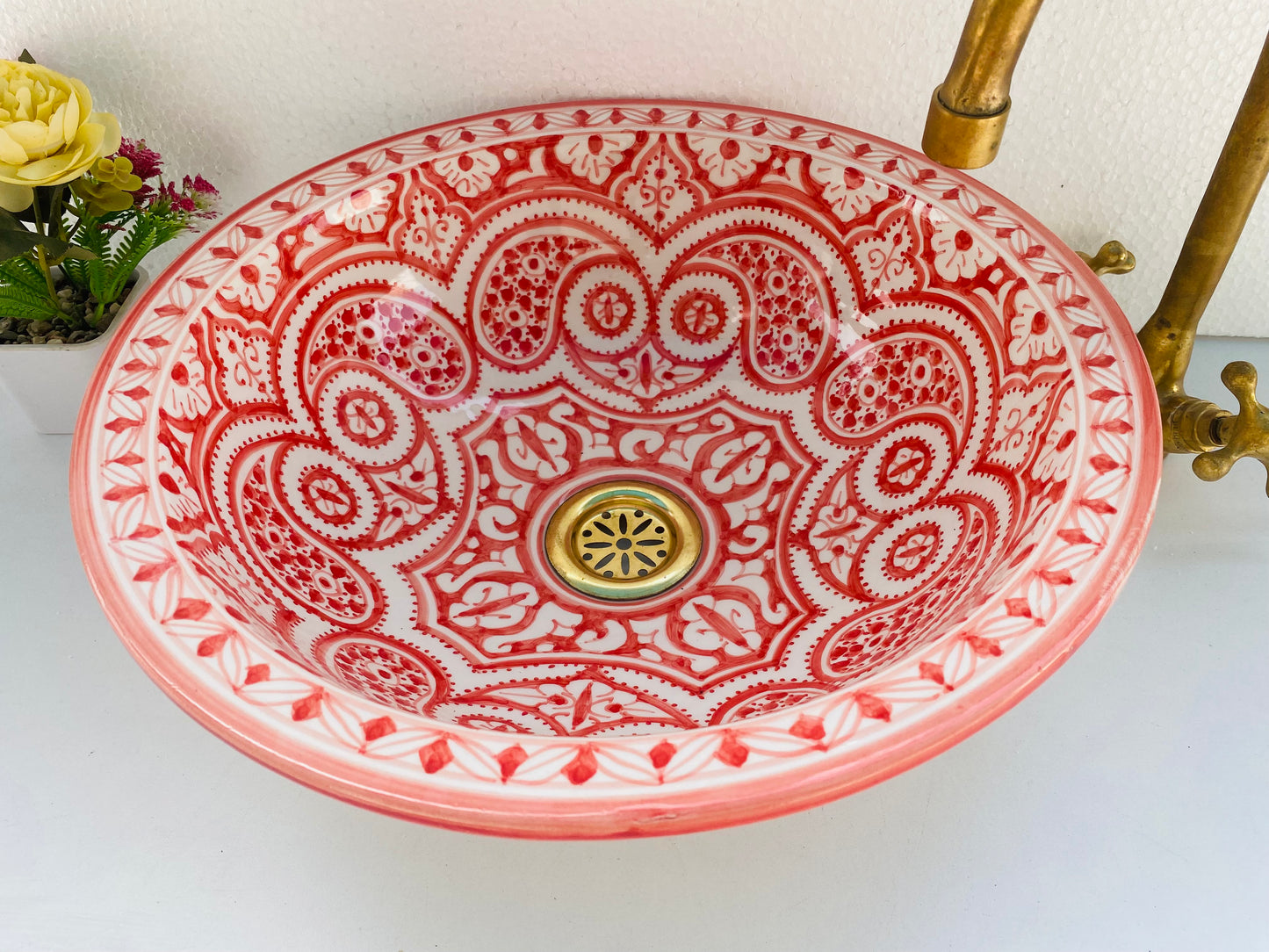 Red & White Moroccan Vessel Sink – Artisanal Elegance