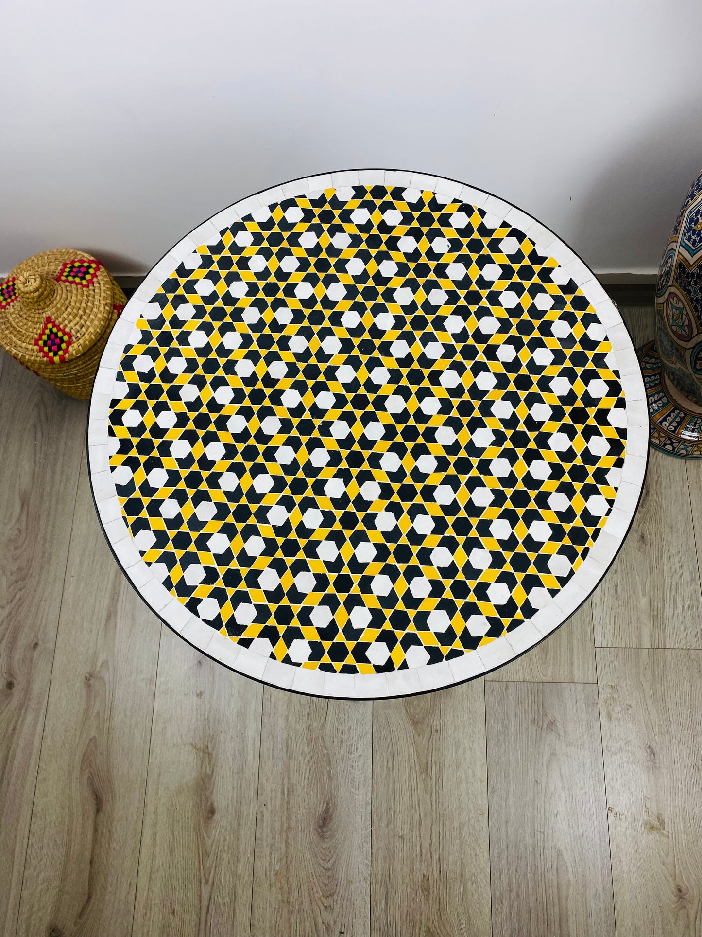 Handmade Moroccan Zellige Mosaic Side Table – Bold Black & Yellow Elegance