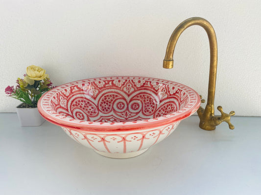 Red & White Moroccan Vessel Sink – Artisanal Elegance
