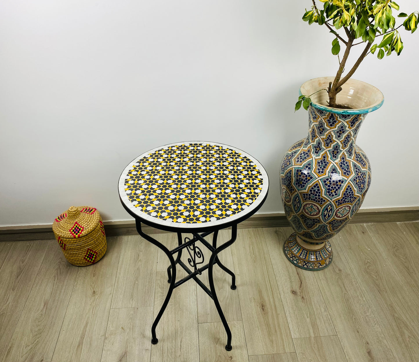 Handmade Moroccan Zellige Mosaic Side Table – Bold Black & Yellow Elegance