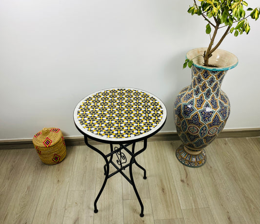 Handmade Moroccan Zellige Mosaic Side Table – Bold Black & Yellow Elegance