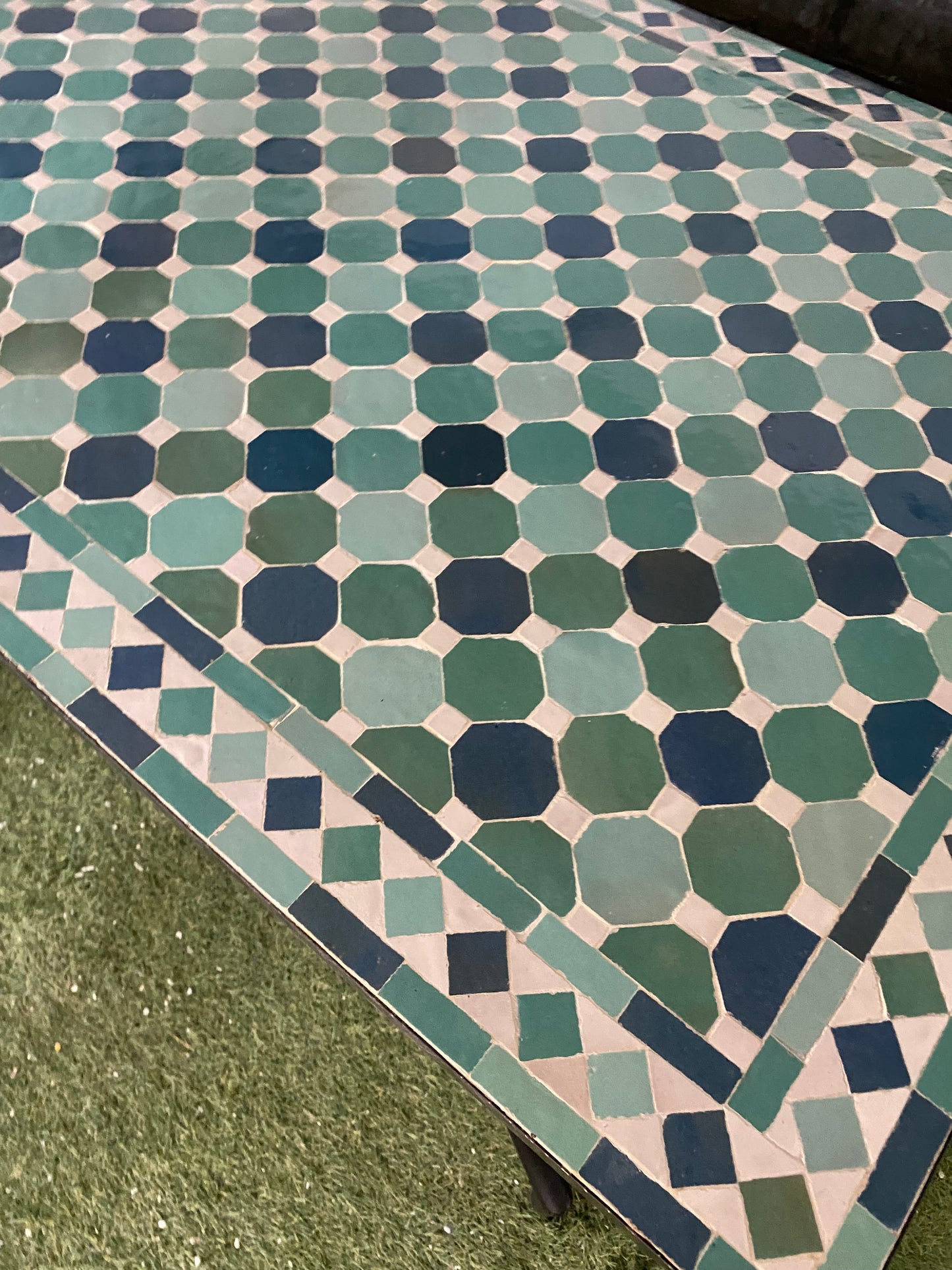 Handcrafted Moroccan Zellige Mosaic Table – Blue & Green Geometric Pattern