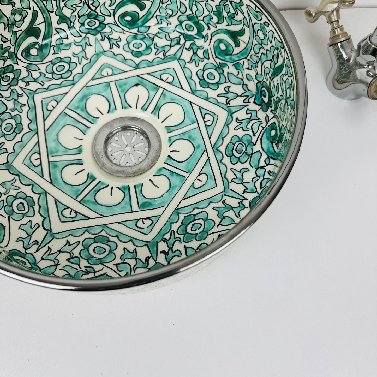 Cylinder Handcrafted Ceramic Sink - Turquoise Tranquility and Silver Platinum