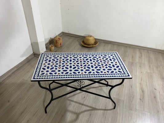 Handmade Moroccan Zellige Mosaic Table – Blue & White Geometric Elegance