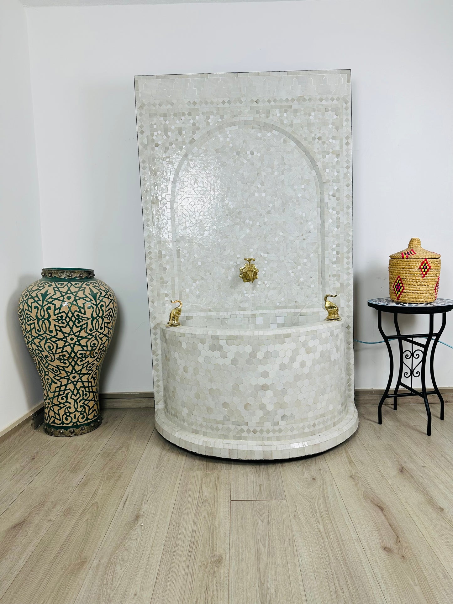 Majestic White Moroccan Fountain with Triple Brass Faucets