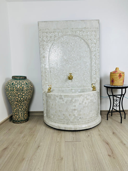 Majestic White Moroccan Fountain with Triple Brass Faucets