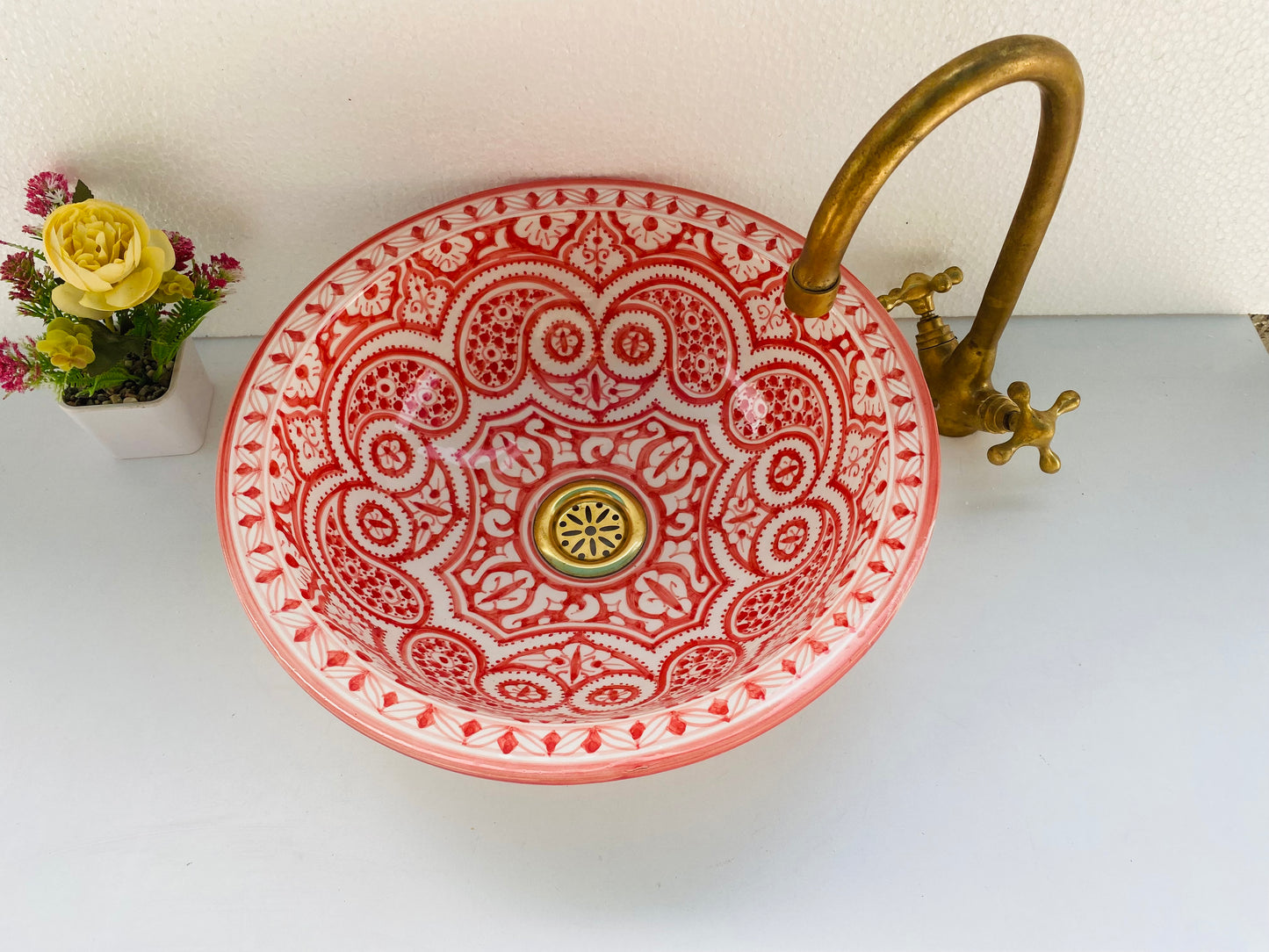 Red & White Moroccan Vessel Sink – Artisanal Elegance