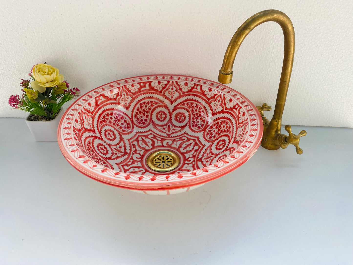 Red & White Moroccan Vessel Sink – Artisanal Elegance