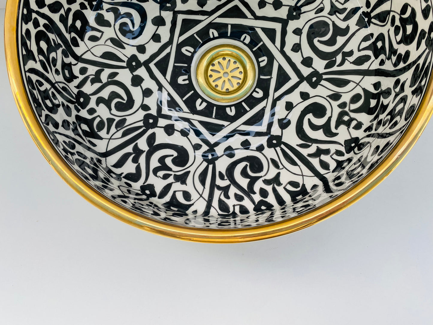 Black & White Moroccan Ceramic Sink with Brass Rim