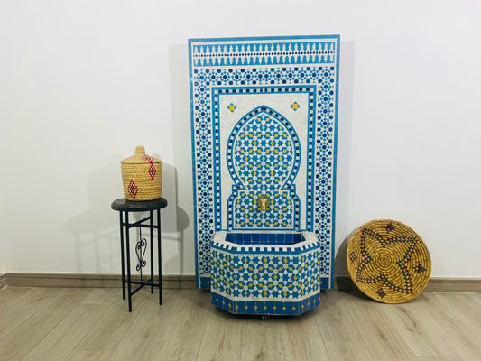 Royal Moroccan Zellige Fountain – Sky Blue & Gold Accents