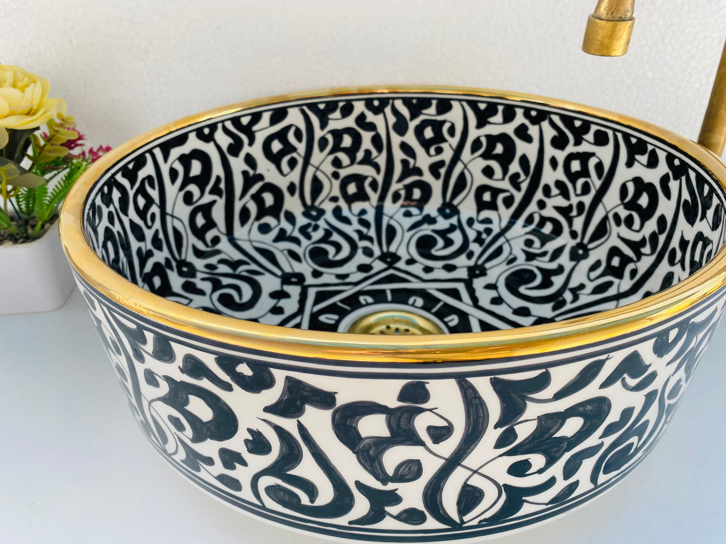 Black & White Moroccan Ceramic Sink with Brass Rim
