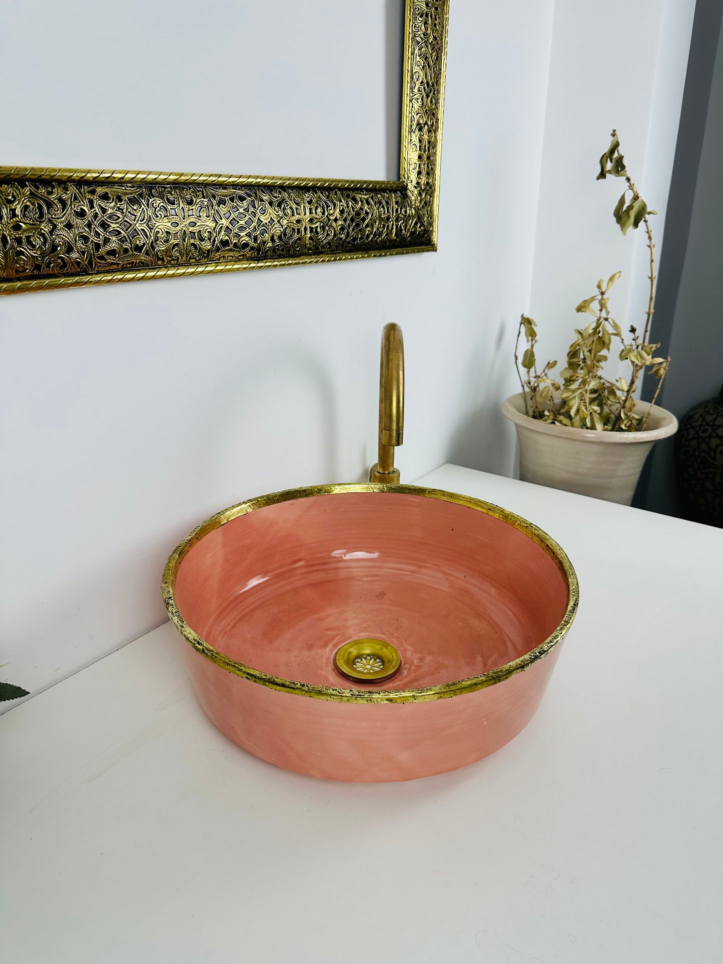 light orange vessel 100% handmade/hand painted - brass rimmed basin