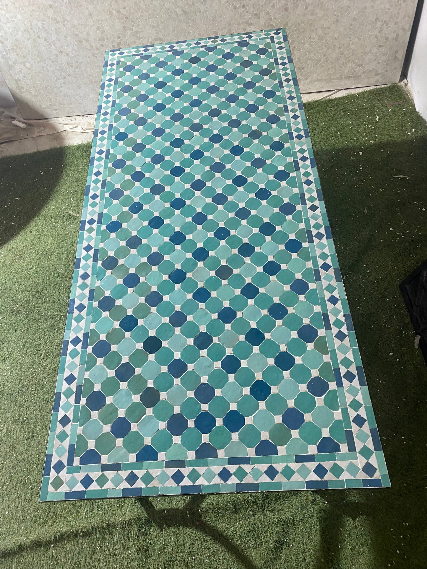 Handcrafted Moroccan Zellige Mosaic Table – Blue & Green Geometric Pattern
