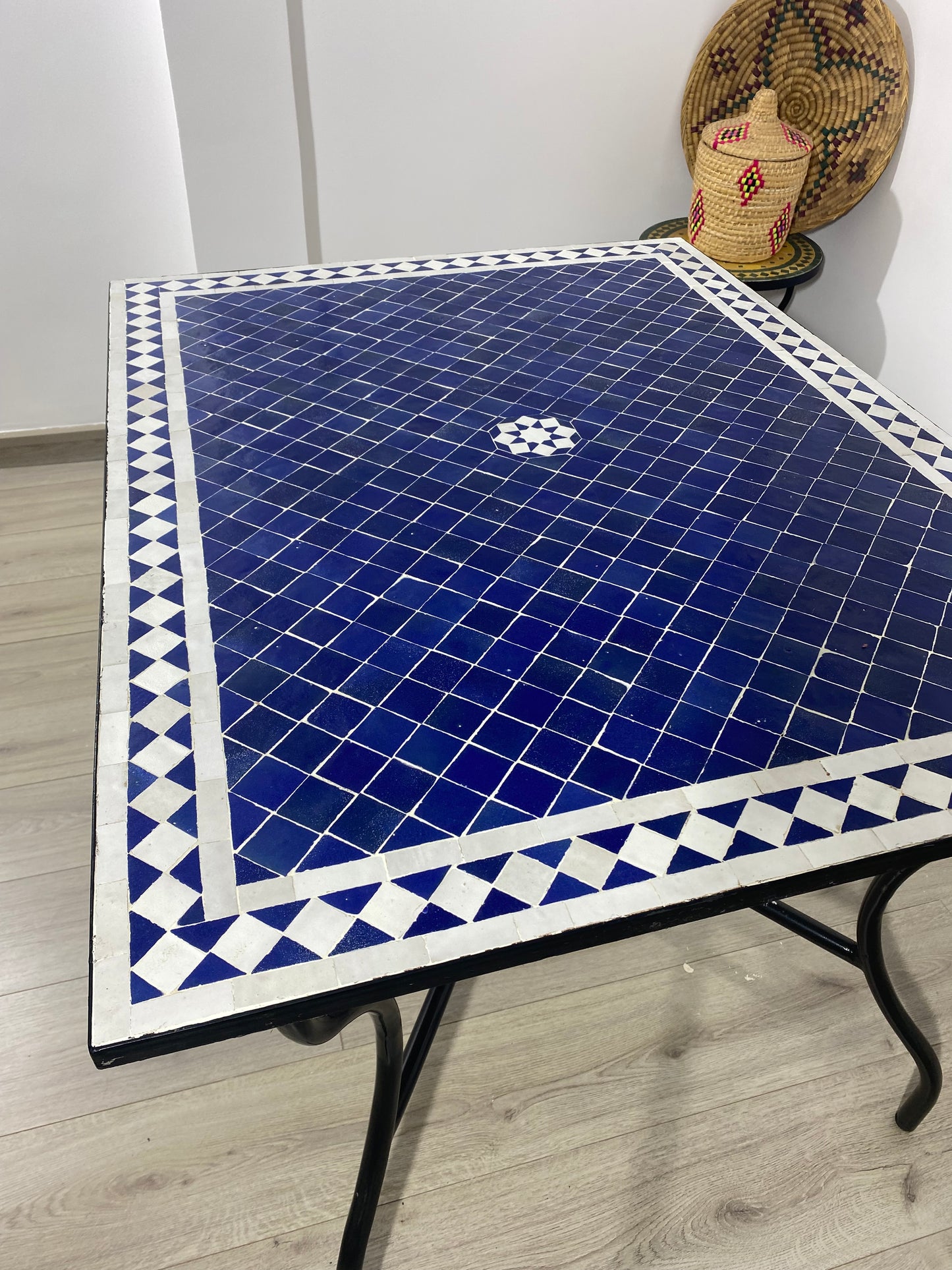 Handmade Moroccan Zellige Mosaic Table – Classic Blue & White Design